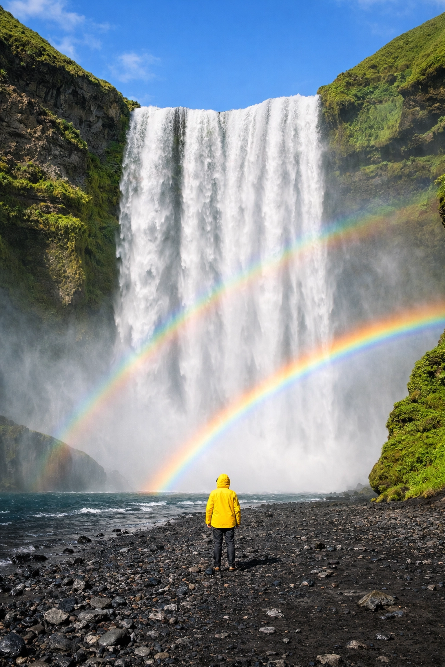 The Ultimate Guide to Best Photography Locations in Iceland: Everything You Need to Succeed 1 Skógafoss waterfall in Iceland with a double rainbow and a hiker for scale, a top photo spot.