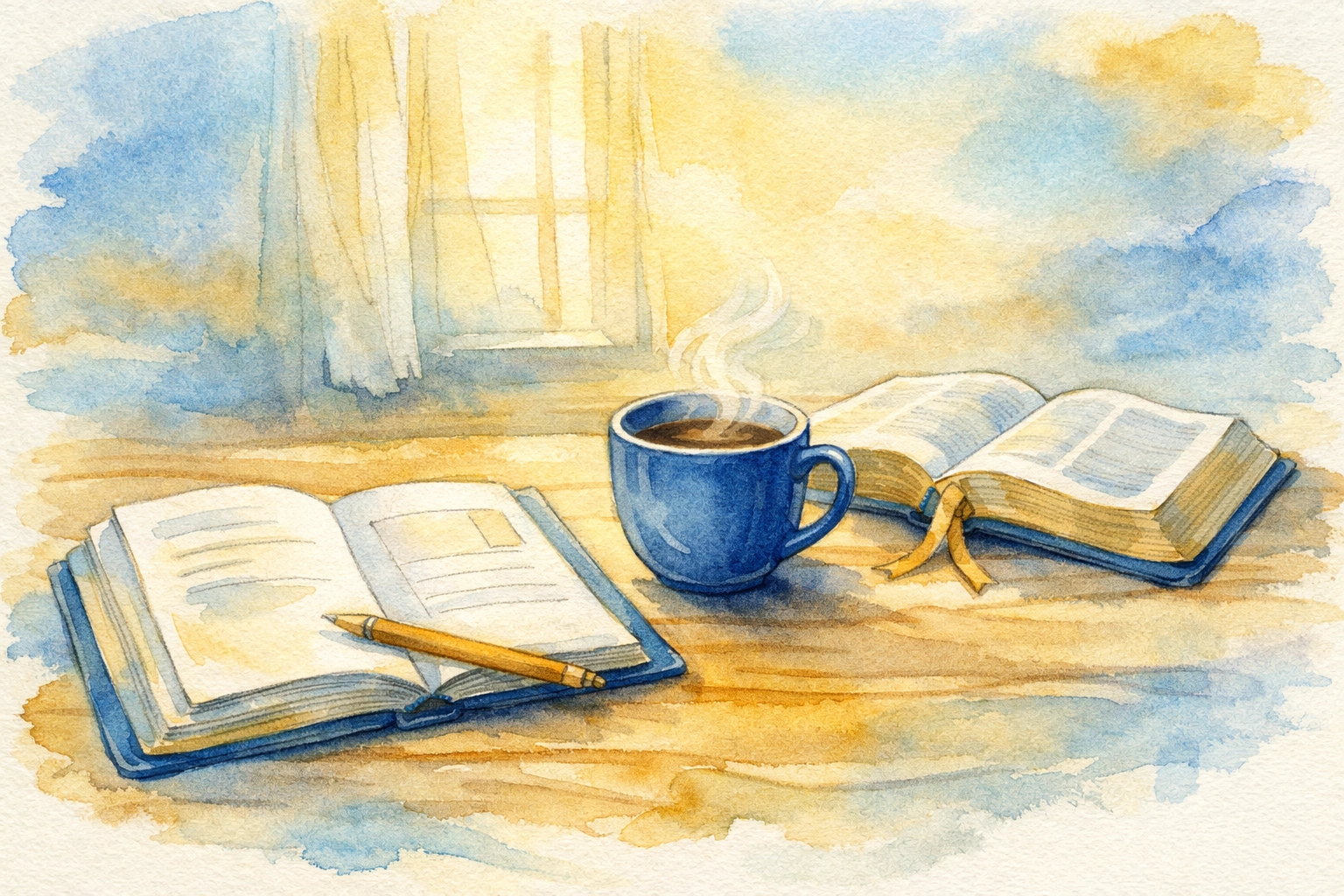 Open journal and Bible with morning coffee representing faith-driven purpose and daily spiritual devotion