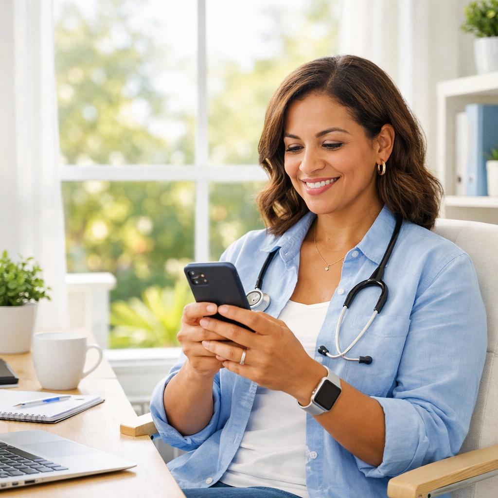 Woman in Louisiana using her phone for an online weight loss doctor consultation.