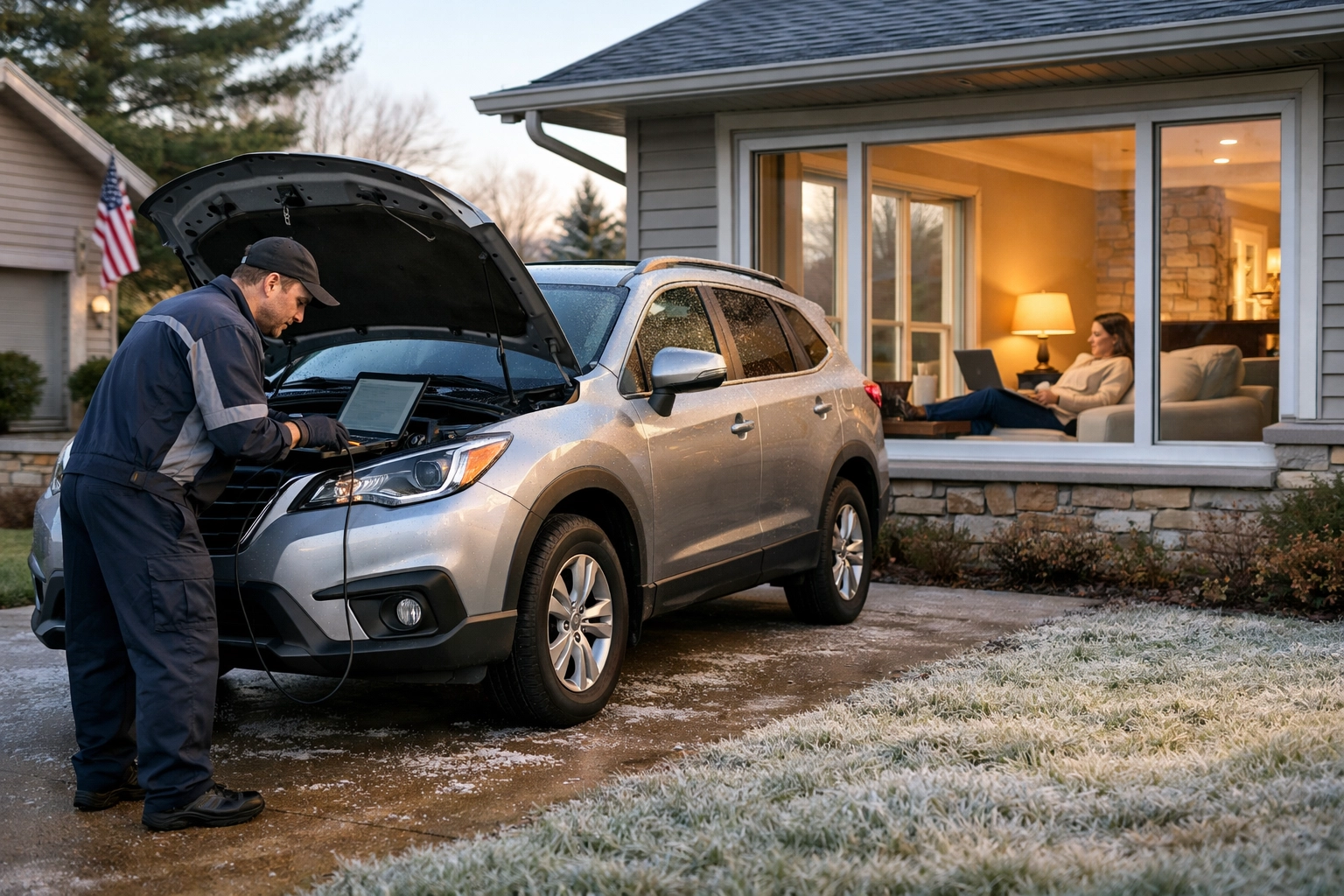 Professional mobile mechanic servicing a car in a Green Bay driveway while the owner relaxes inside.