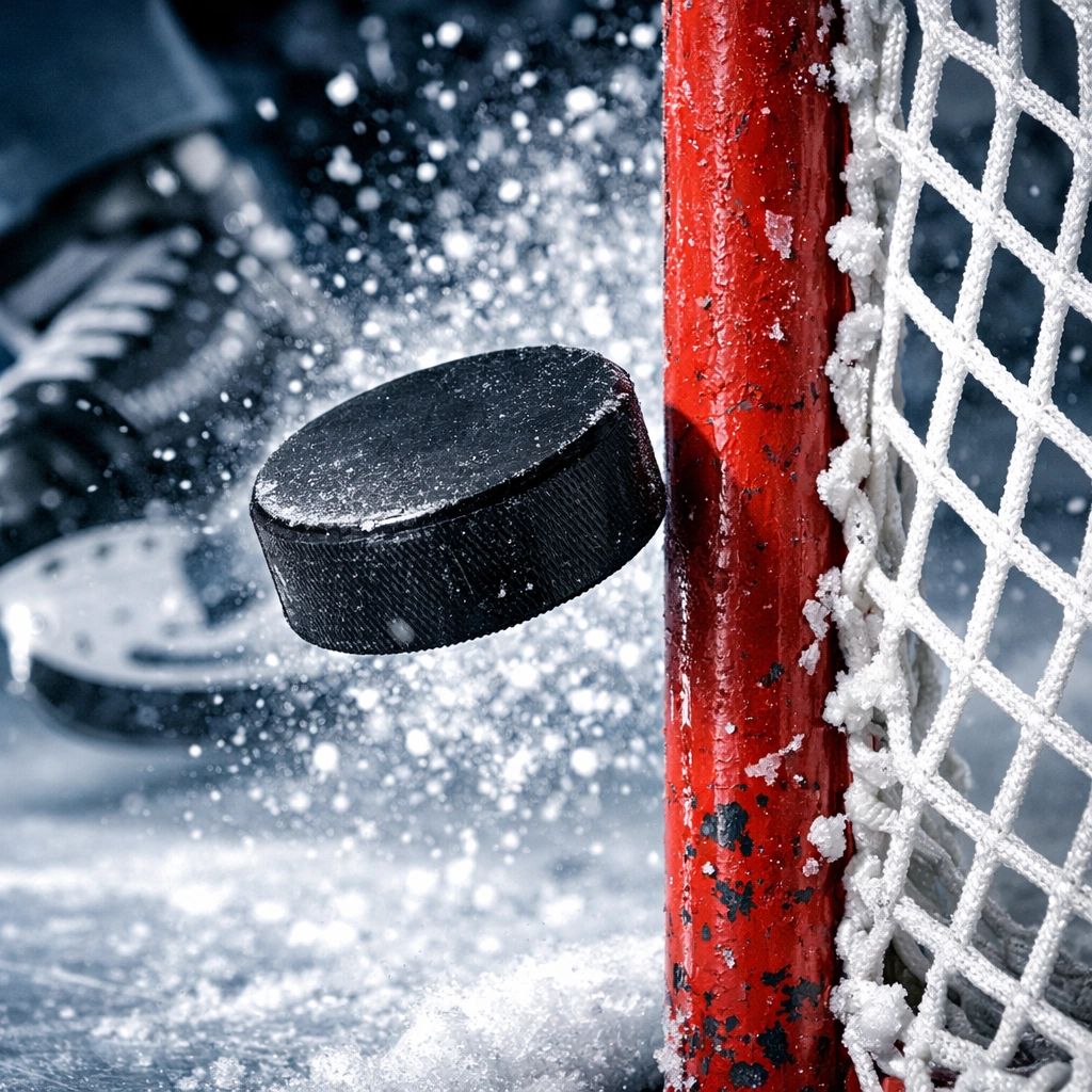 Hockey puck near a goal post illustrating NHL scoring averages and team defensive performance metrics.