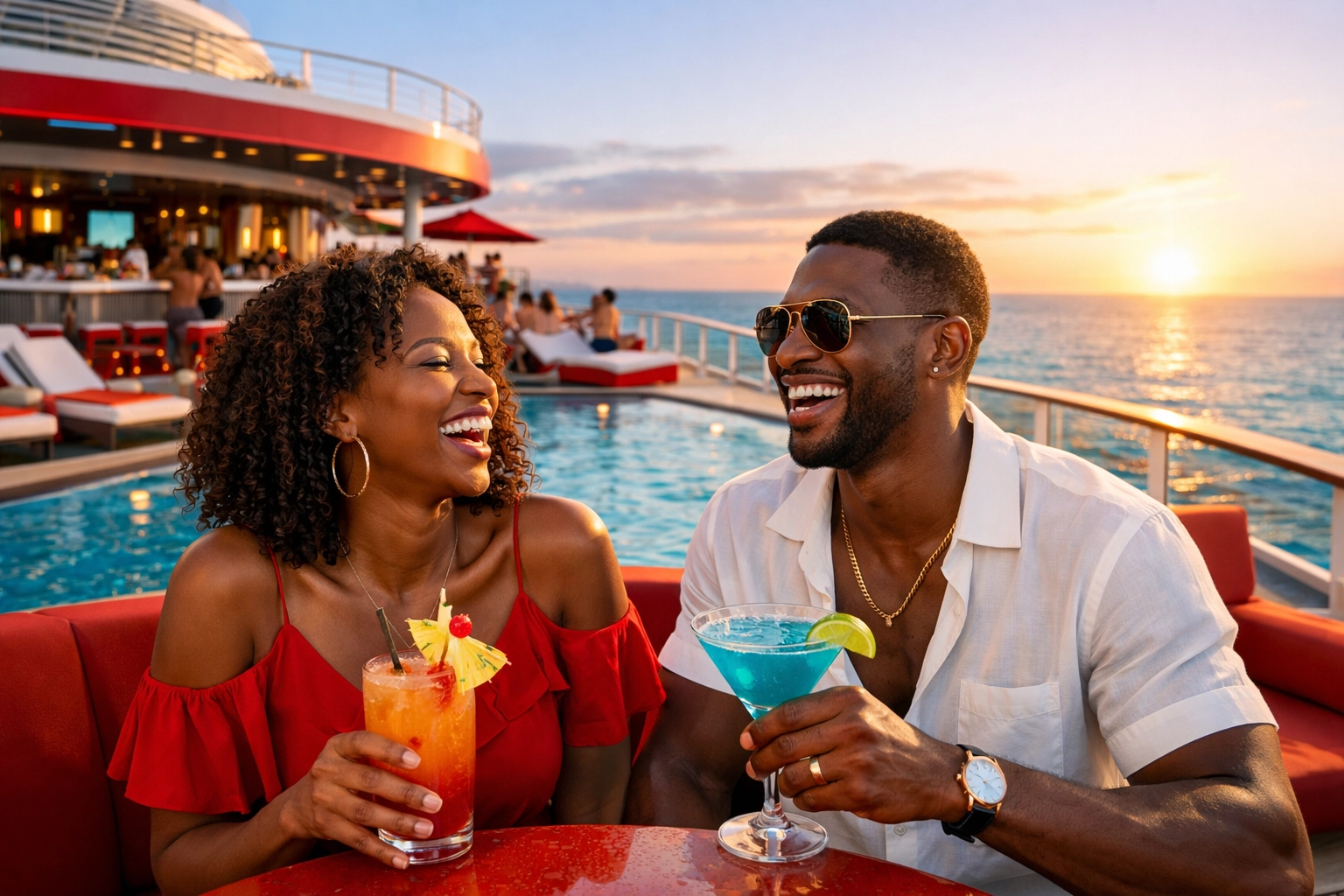 Couple enjoying an adults-only ship deck, showcasing perks found by a Lifestyle Cruises travel agent.