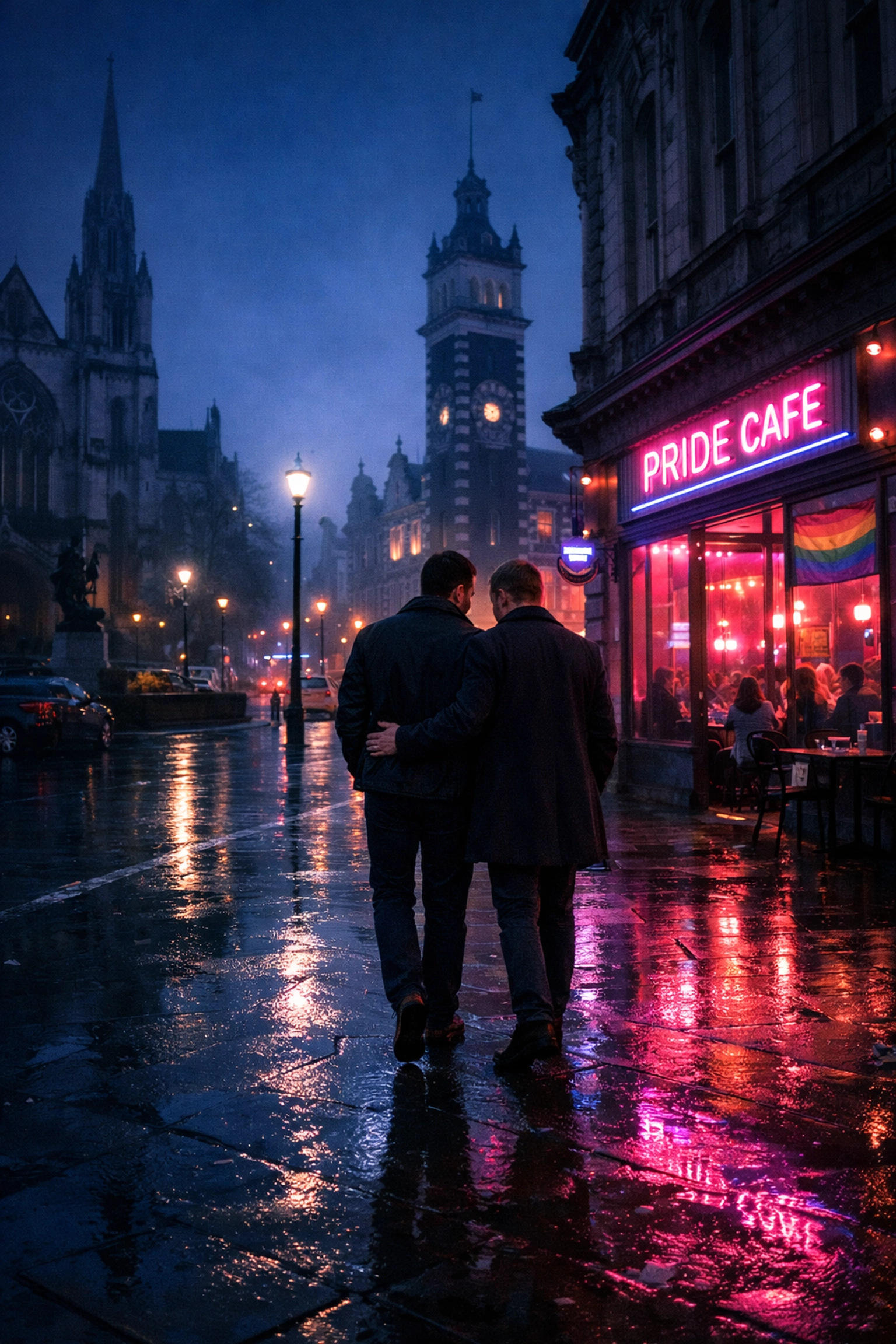 A queer couple walking through the historic Dunedin Octagon at night, a moody setting for an MM romance novel.