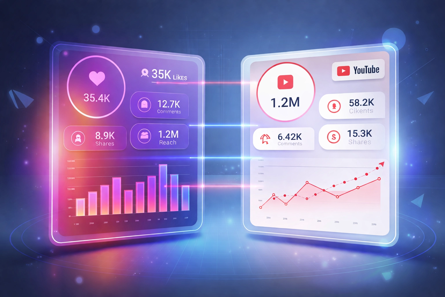 Split-screen dashboard comparing Instagram Reels and YouTube Shorts analytics for engagement and growth insights