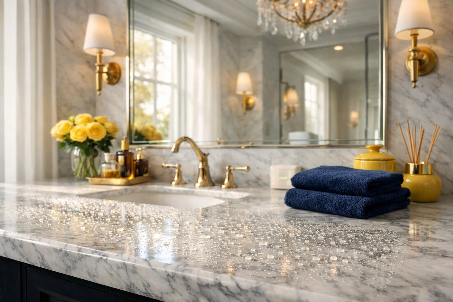 Disinfecting spray dwelling on a marble bathroom vanity for deep house cleaning in Townsend MA.