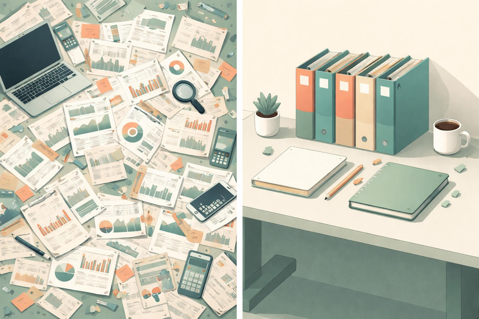 A cluttered desk with scattered charts next to an organized desk illustrates the difference between over-diversification and smart investment simplicity.