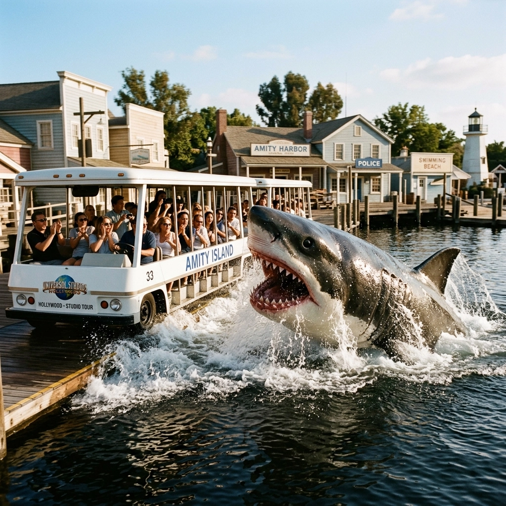 Universal Studios Hollywood Photography Guide 2026: How to Capture Movie Magic Without a Hollywood Budget 4 The Jaws shark surfacing during the Universal Studio Tour, showcasing iconic movie photo spots.
