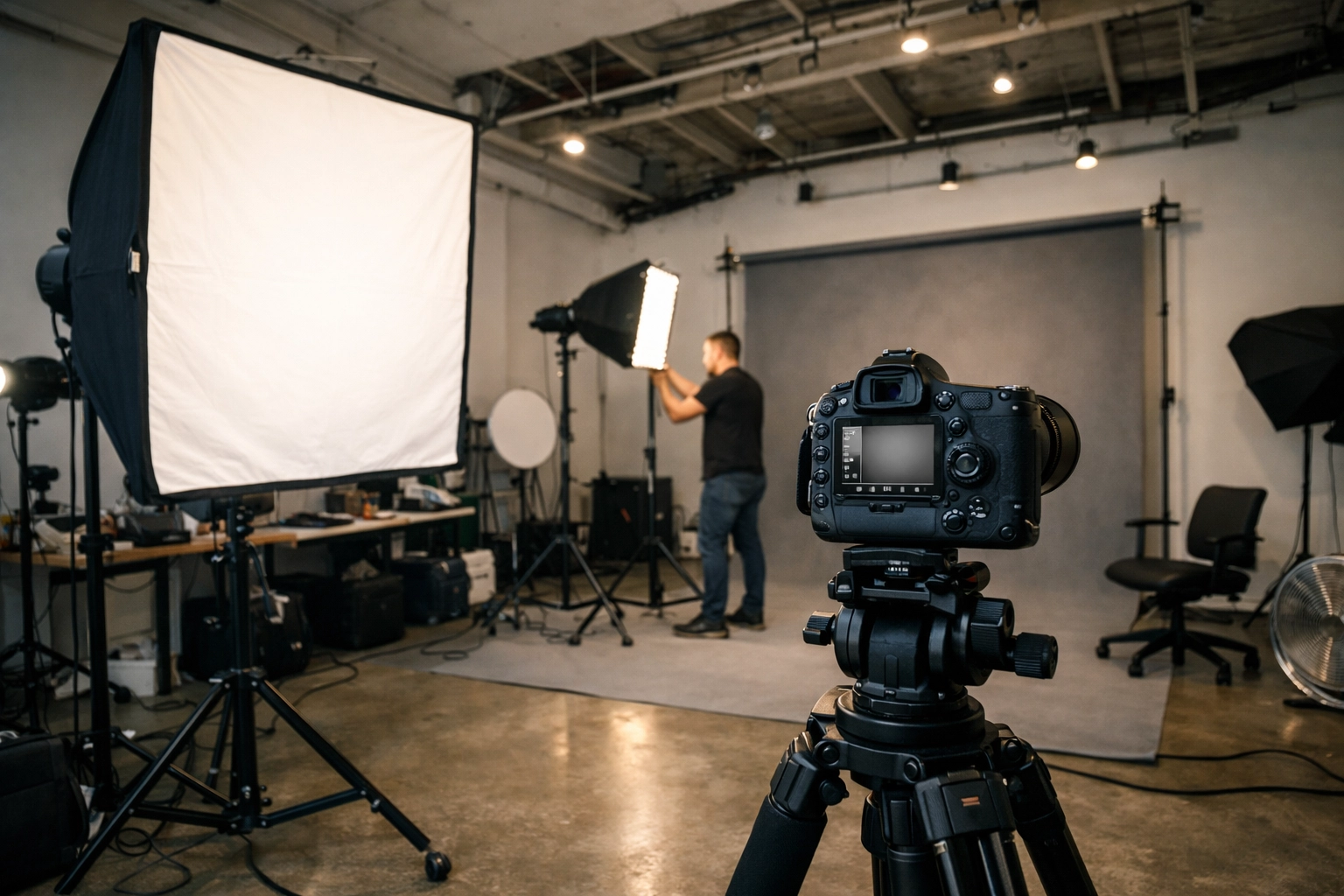 Behind the scenes look at a high-end studio for a professional corporate headshot session.