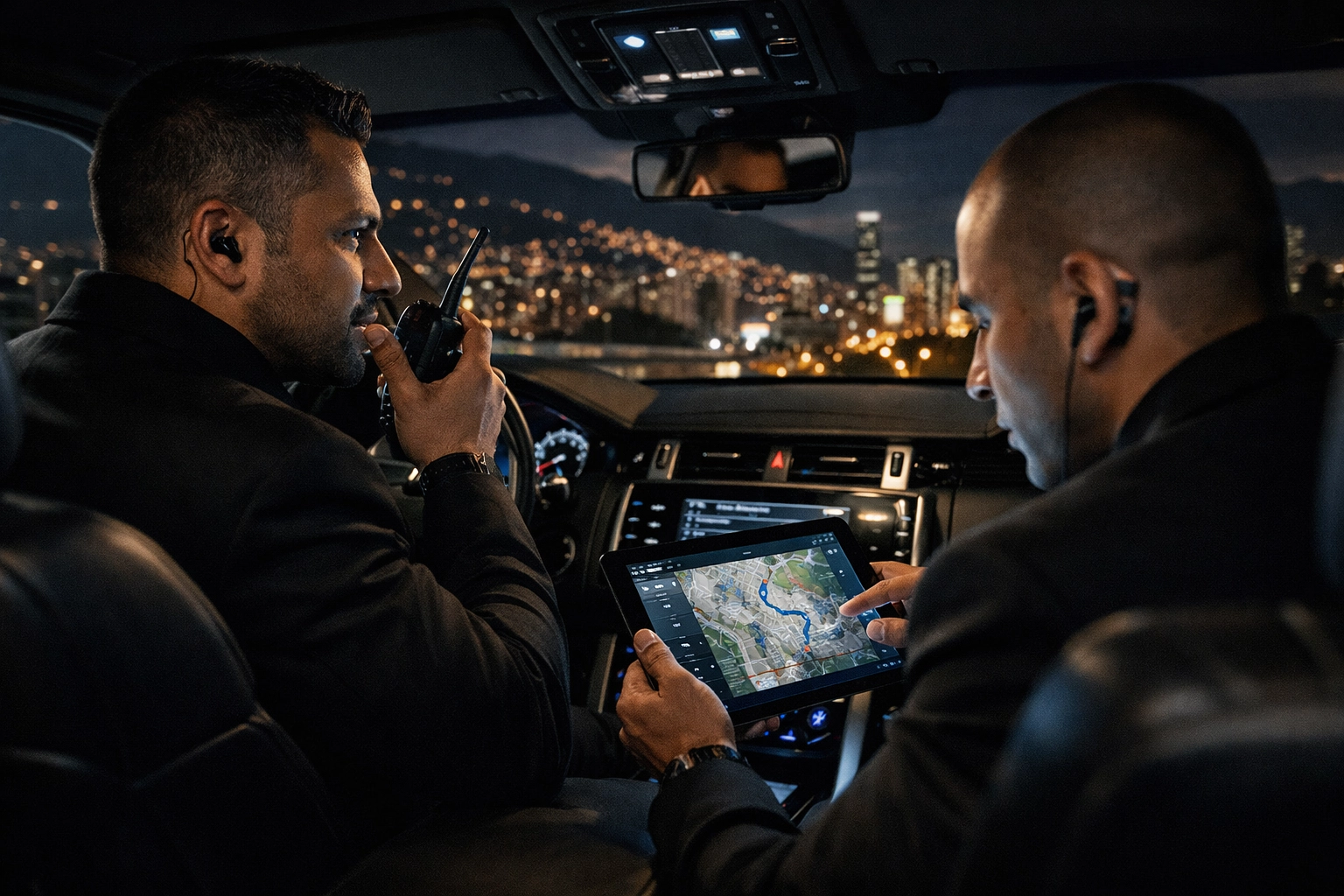 Executive protection team coordinating secure transportation inside luxury SUV in Medellin