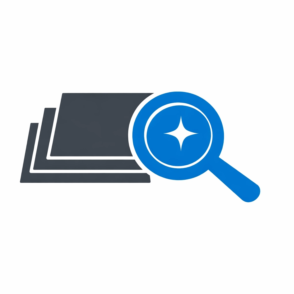 Blue magnifying glass vector over data sheets, illustrating an AI research assistant uncovering insights.