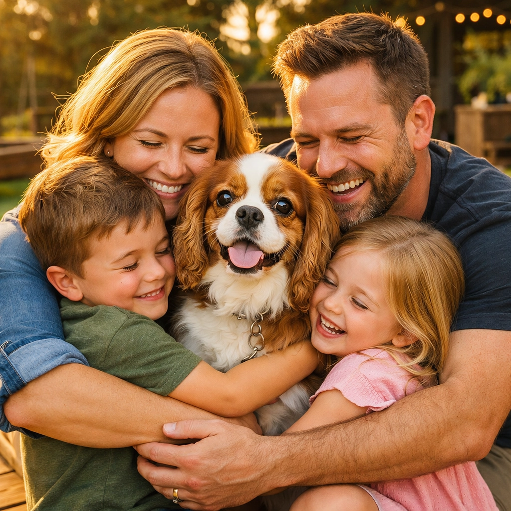 Happy family hugging their beloved Cavalier King Charles Spaniel in a sun-drenched Boring, Oregon backyard.