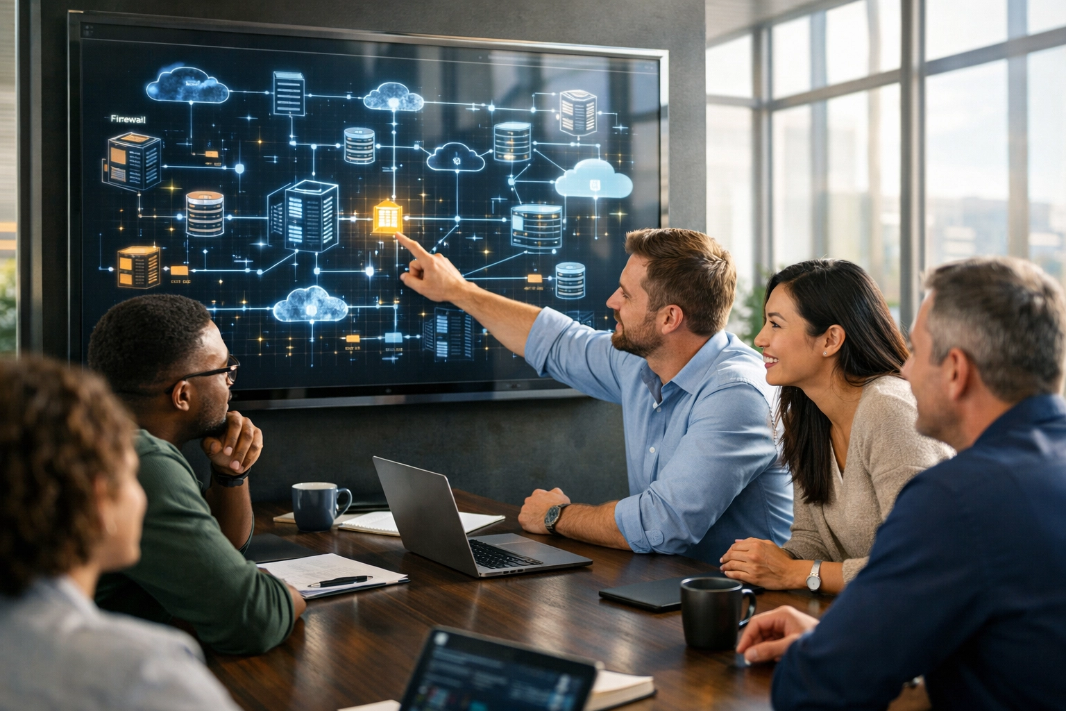 IT experts at a ServiceNow implementation partner analyzing an ITOM network map to optimize CMDB accuracy.