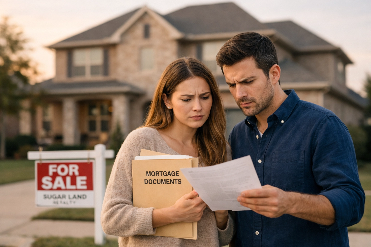 Sugar Land homebuyers reviewing mortgage documents in front of home with collections blocking approval