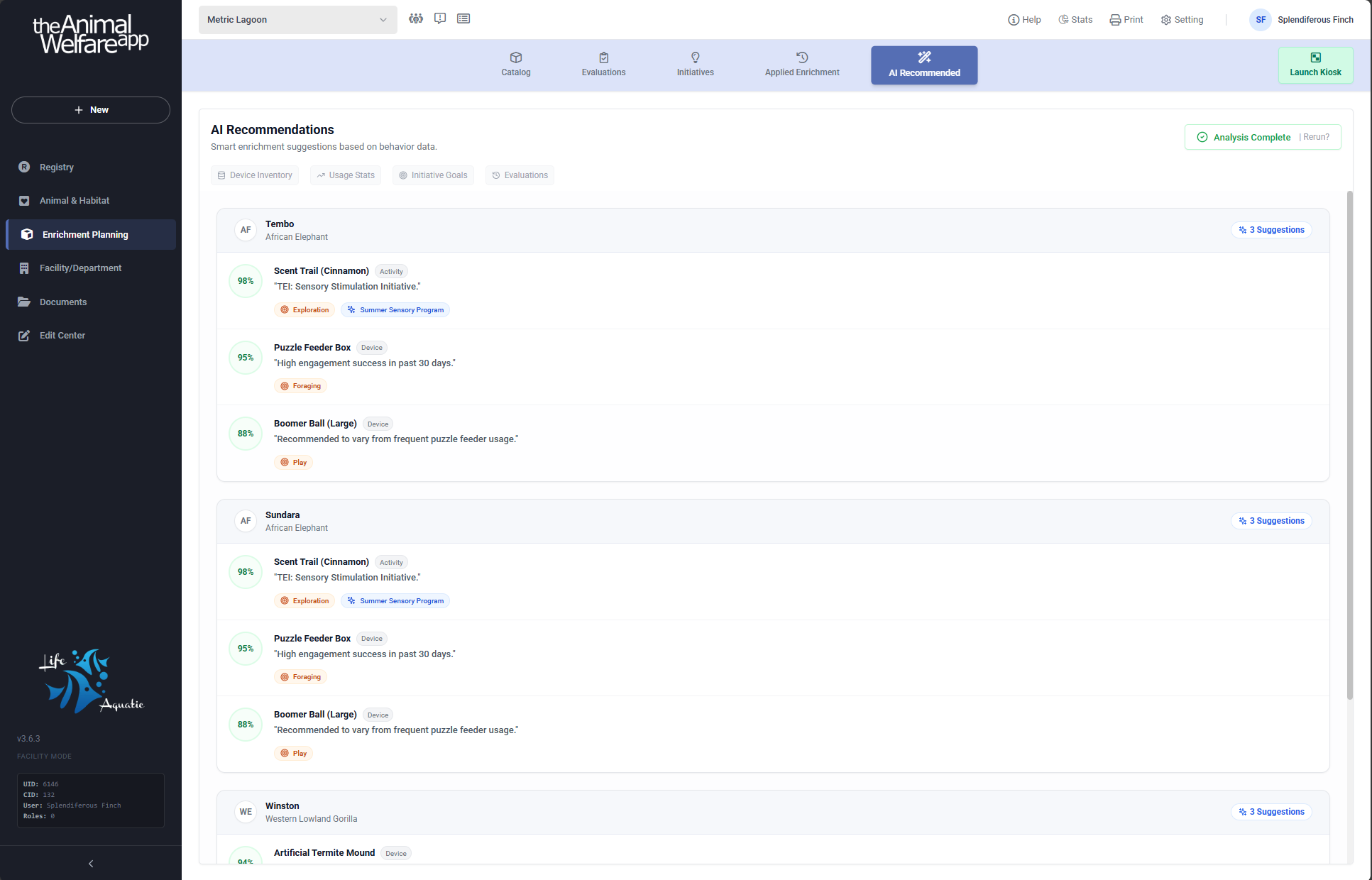 AI Recommendations page in The Animal Welfare App