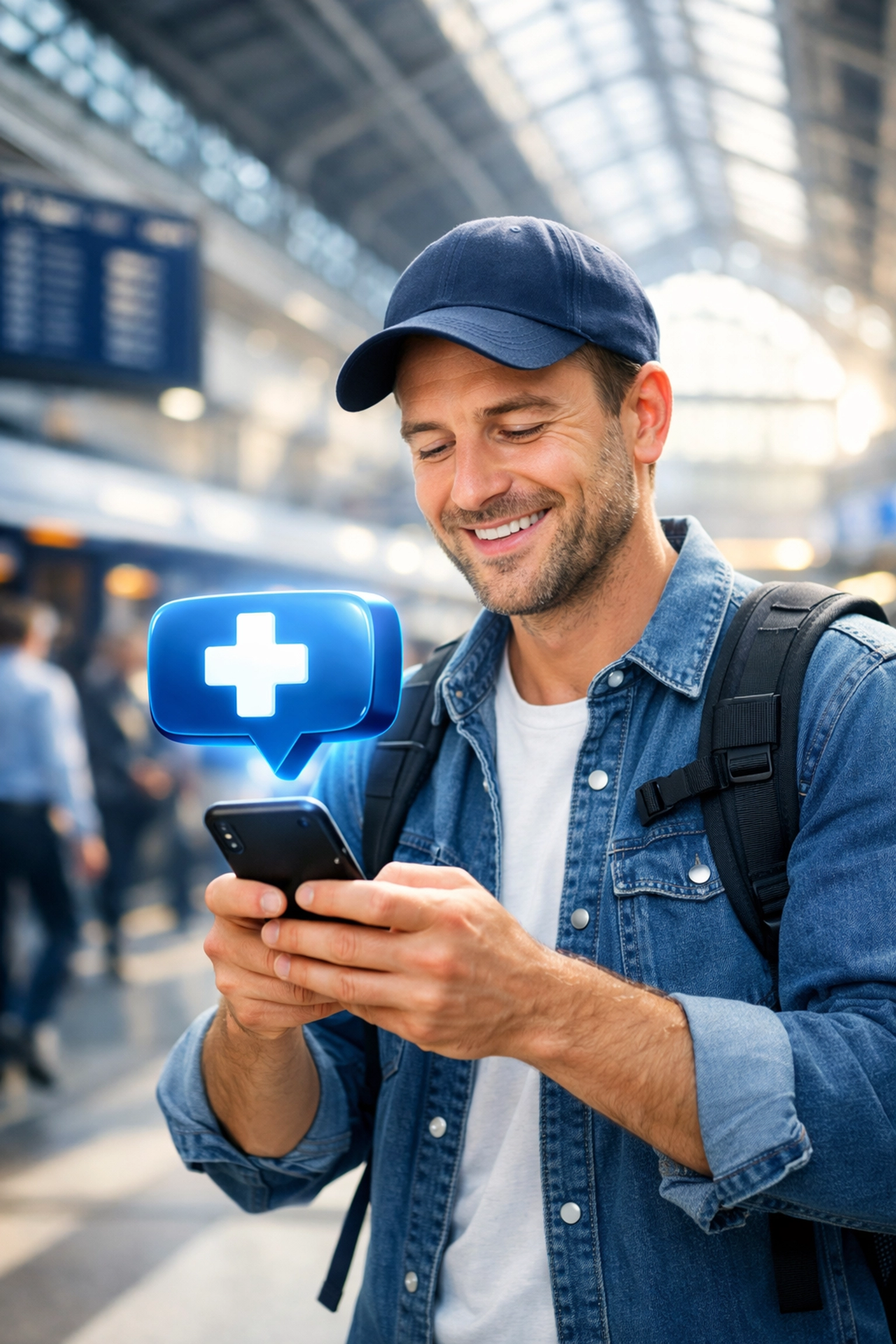 A traveler using a smartphone for a secure text-based medical consultation in a busy US train station.