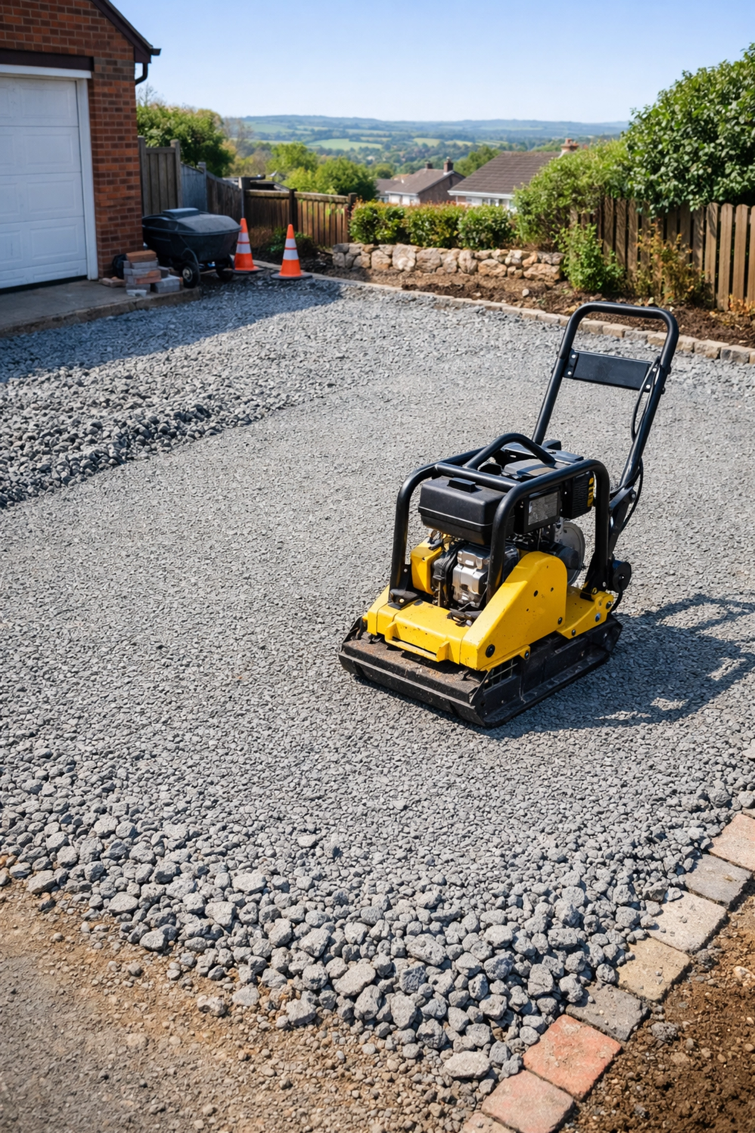 Professional compaction of a thick MOT Type 1 sub-base for long-lasting driveways in South Wales.