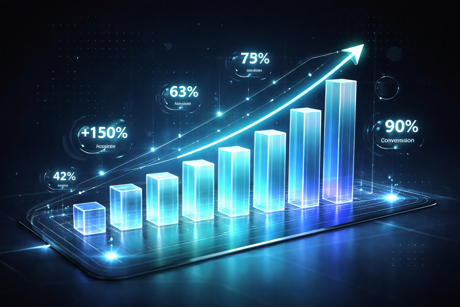 Glass bar chart with glowing data showing upward lead growth, highlighting AI chat assistant impact on website lead generation metrics.