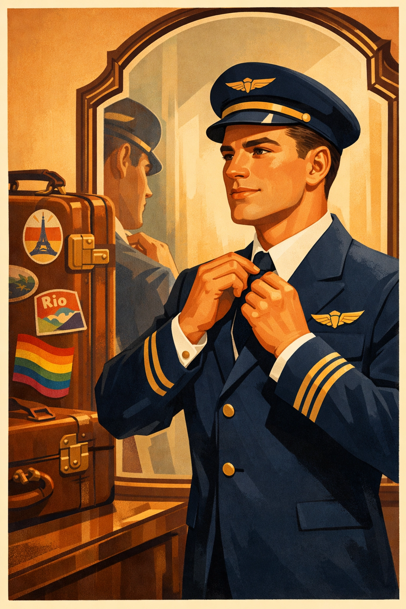 Gay male steward in 1940s uniform adjusting tie with vintage luggage, showing pride in appearance and style