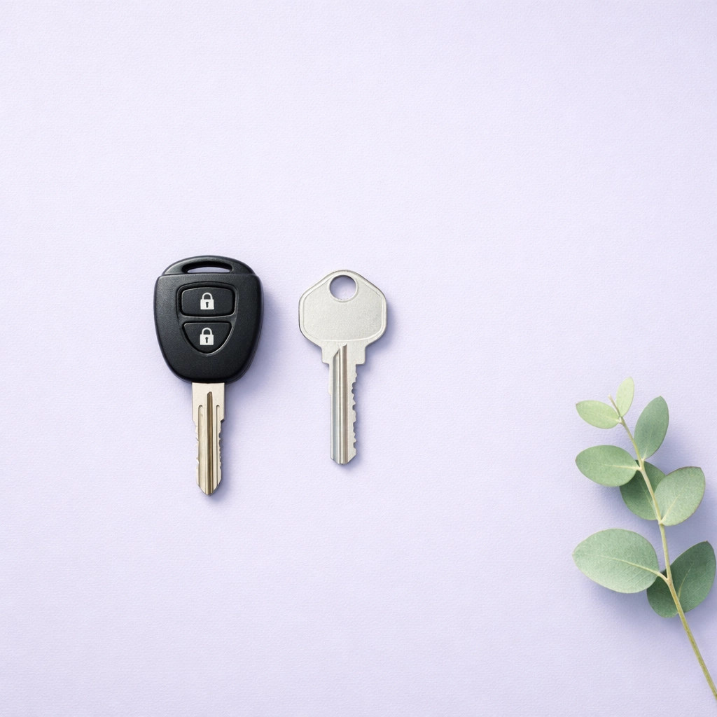 A car key and a house key laid out together, illustrating the benefits of bundling home and auto insurance in PA.