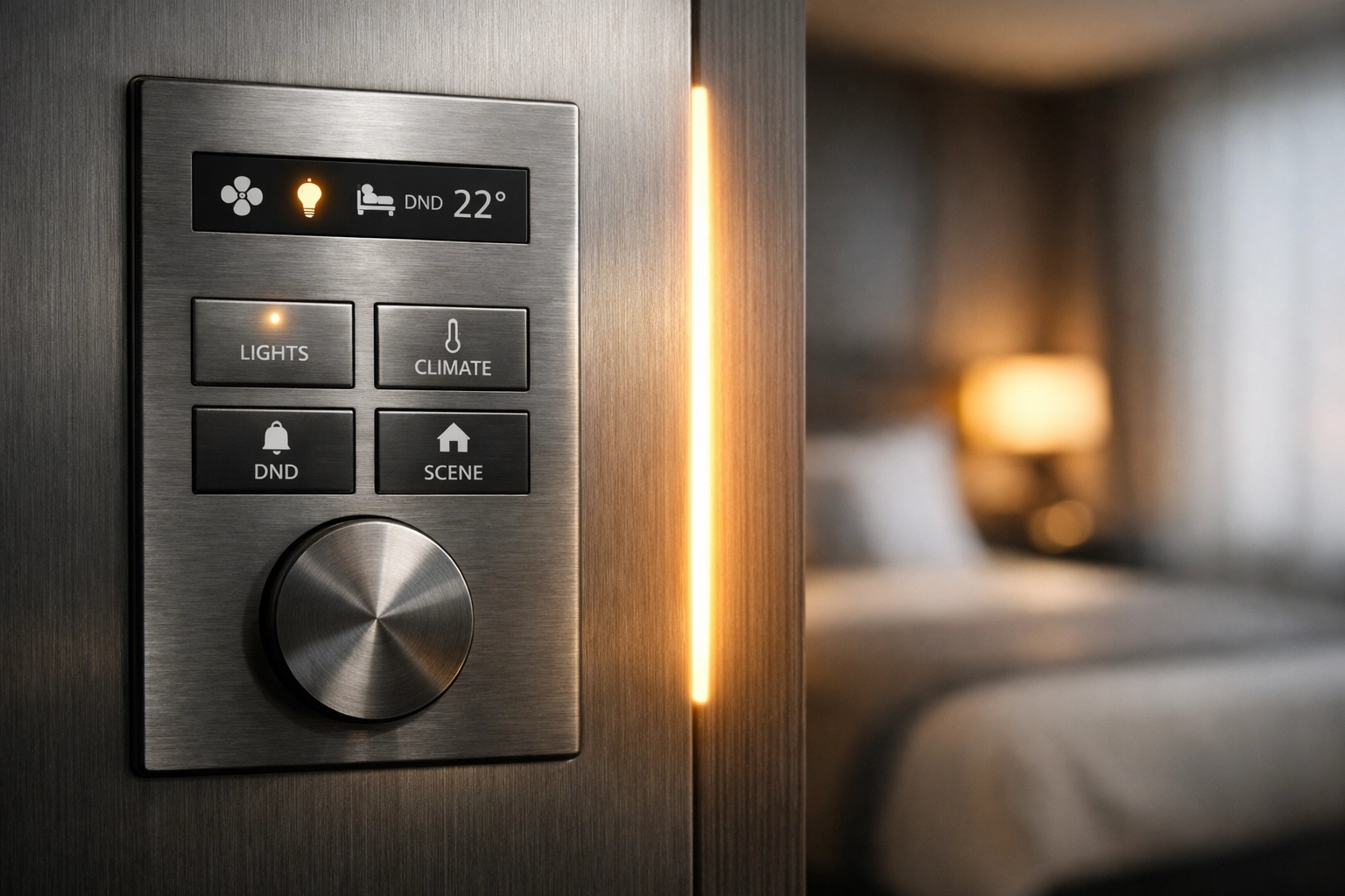 Sleek smart-room interface on a hotel wall panel showing integrated hospitality technology.