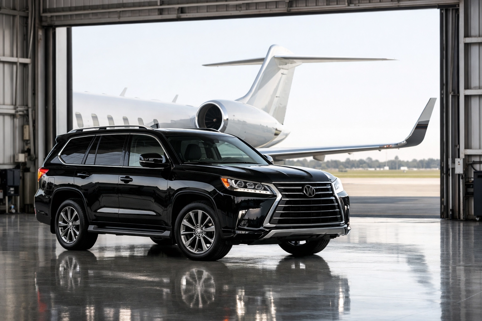 High-end executive SUV and private jet at an airport hangar for elite corporate travel logistics.