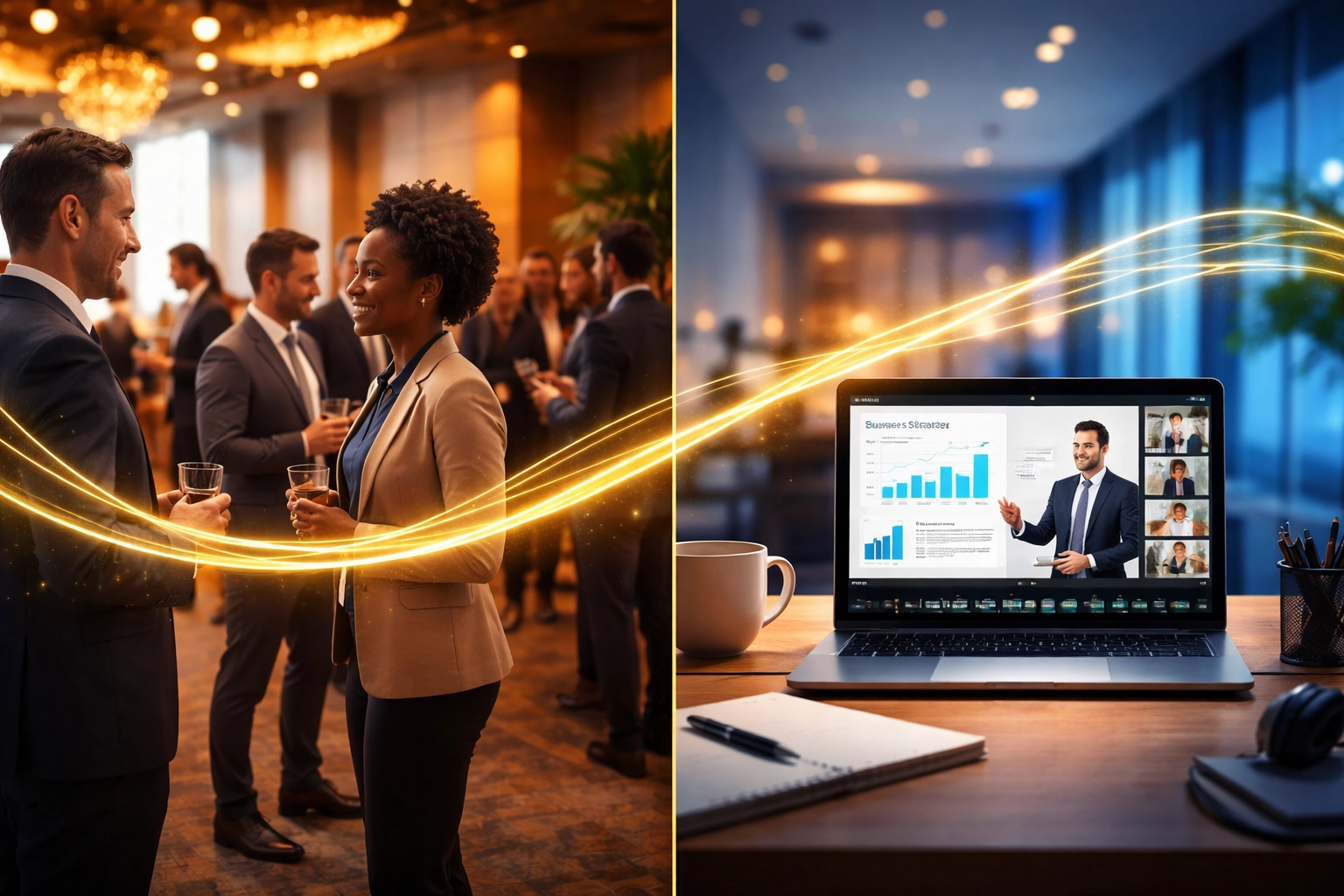 Comparaison d’un événement professionnel en présentiel et d’un webinaire virtuel pour une stratégie hybride B2B