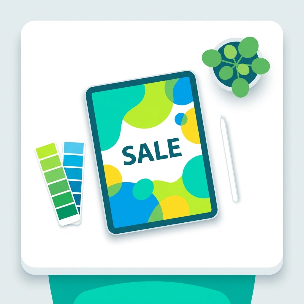 Top-down view of a creative workspace with a tablet showing a promotional image, highlighting MMS marketing content creation.