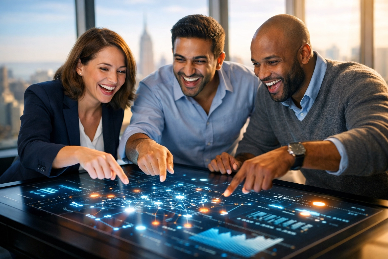 ServiceNow consulting experts analyzing ITAM data visualizations for license optimization in a modern office.