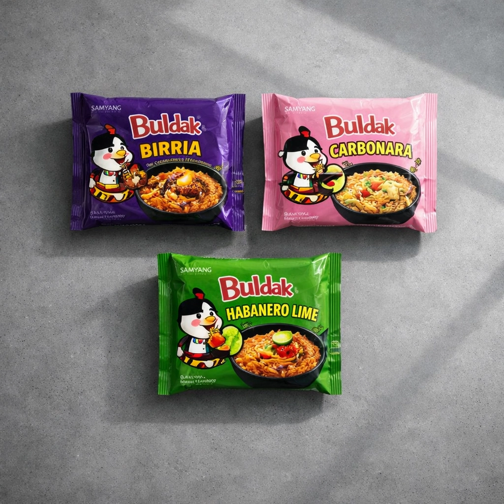 Samyang Buldak ramen packages in Birria, Carbonara, and Habanero Lime flavors showcasing global flavor IP.
