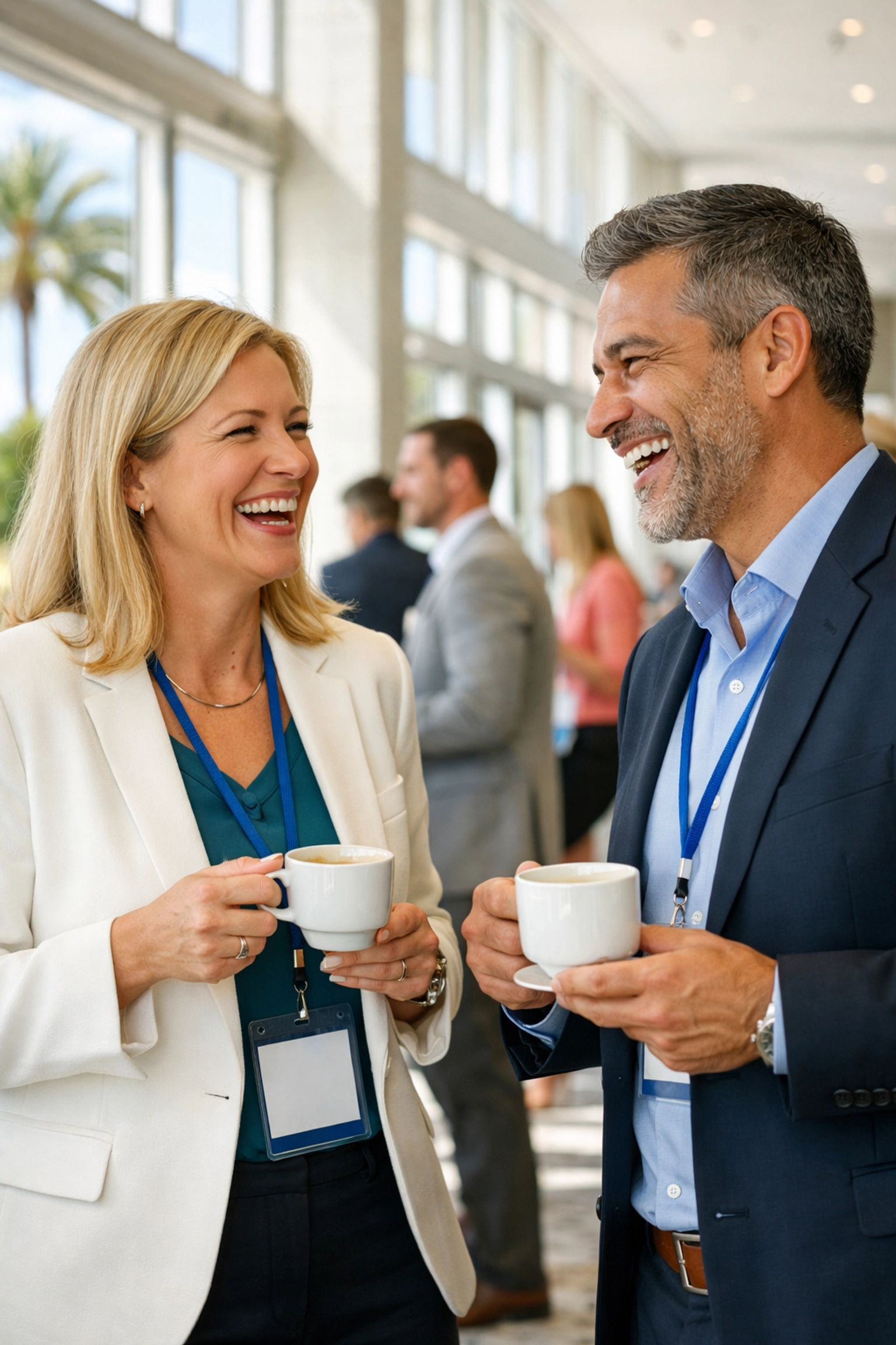 Candid corporate event photography of executives interacting at a Miami business conference.
