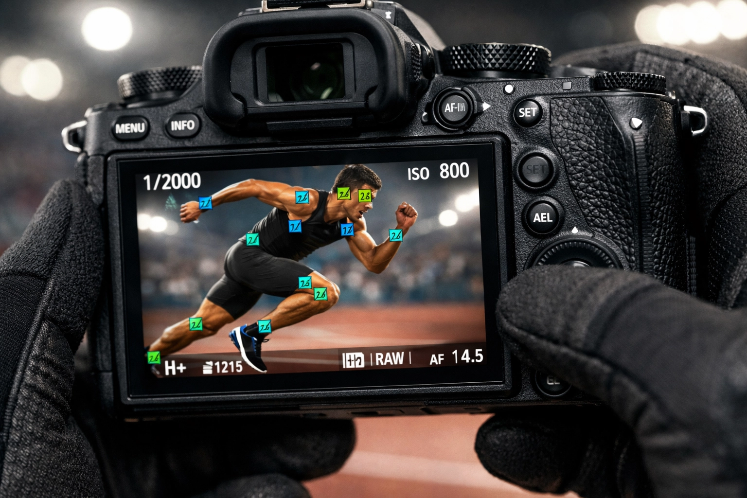 AI autofocus tracking on a modern mirrorless camera screen showing subject recognition during action.