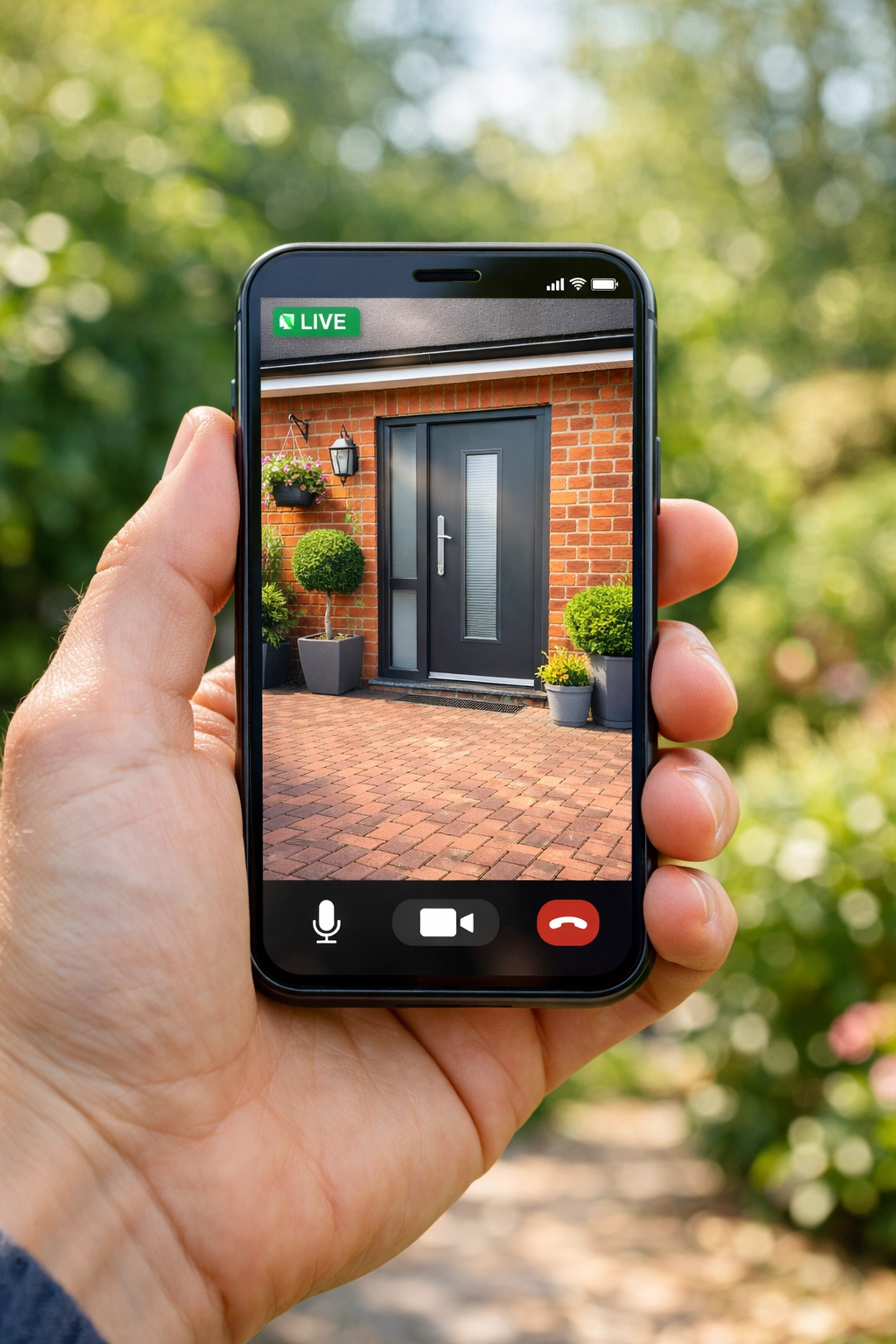 Smartphone displaying high-definition CCTV footage of a British driveway for remote home monitoring in Liss.