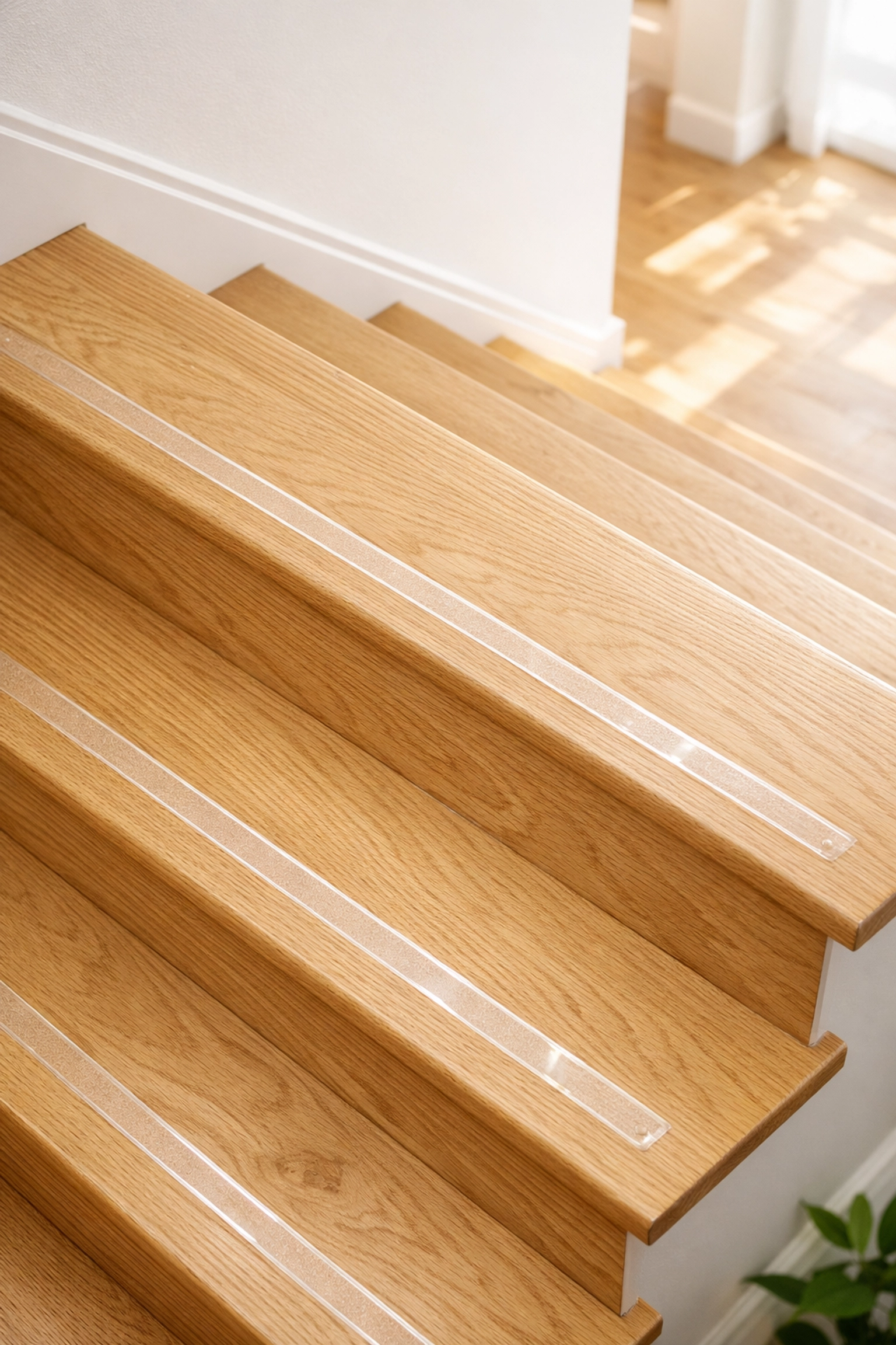 Transparent anti-slip adhesive strips on light oak stairs providing extra traction and safety in a home.