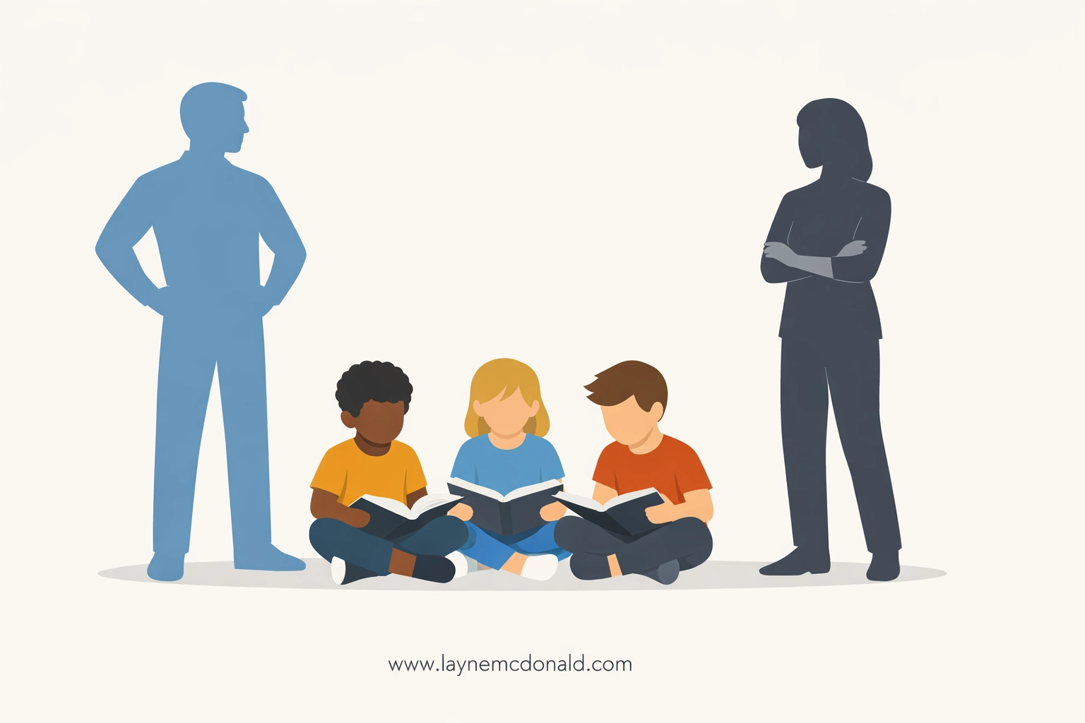 Vector illustration of two adult volunteers supervising children in a ministry setting to ensure child safety.