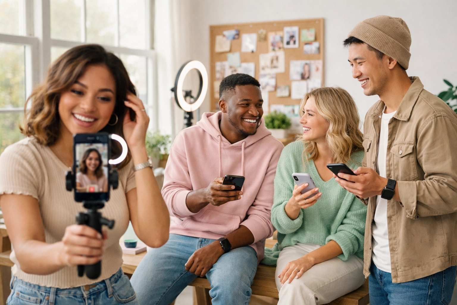 Groupe de micro-influenceurs créant du contenu Instagram en studio collaboratif