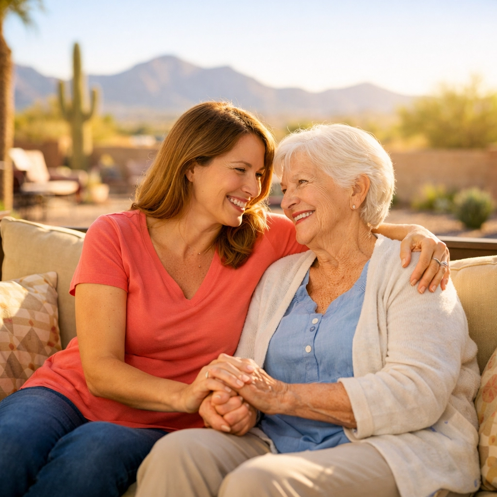 Daughter with elderly mother at Goodyear home emphasizing family proximity in home buying Daughter with elderly mother at Goodyear home emphasizing family proximity in home buying