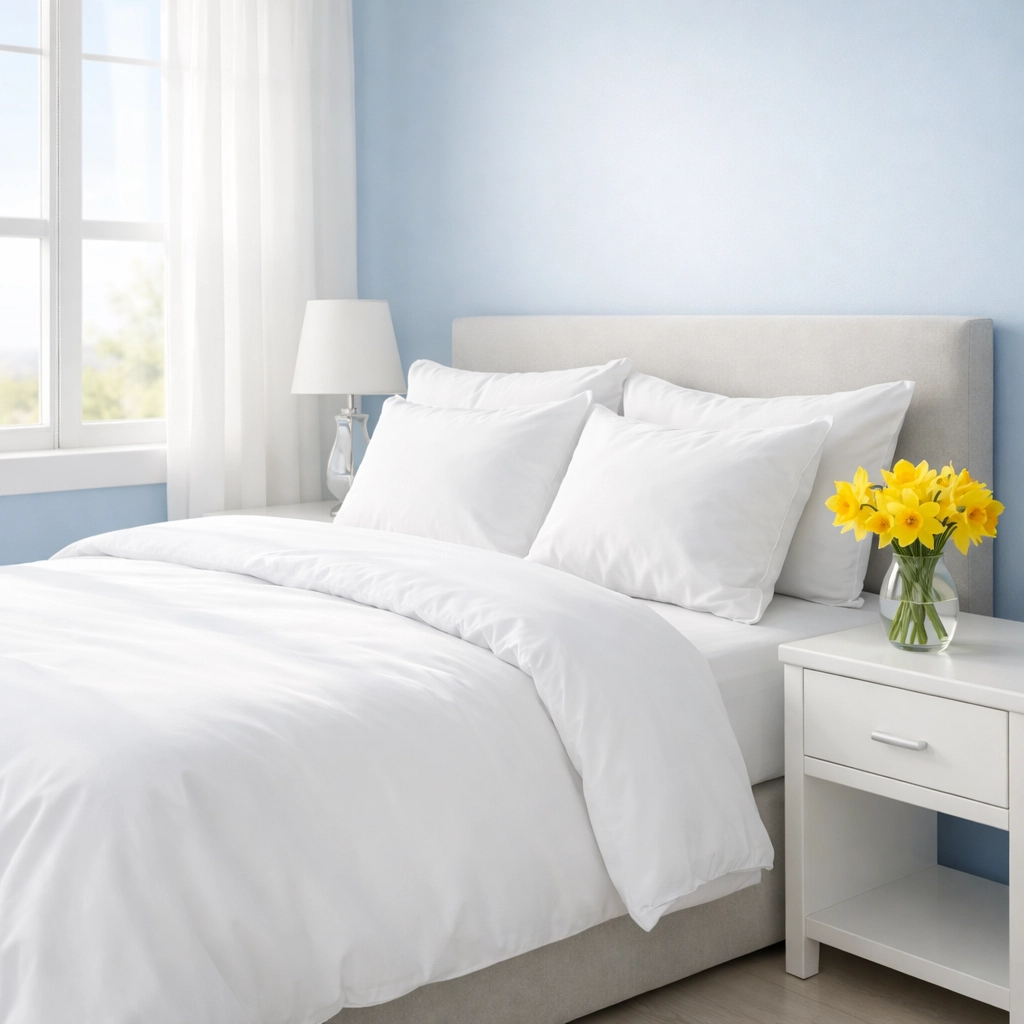 Clean minimalist bedroom with dust-free surfaces following a professional house cleaning visit.