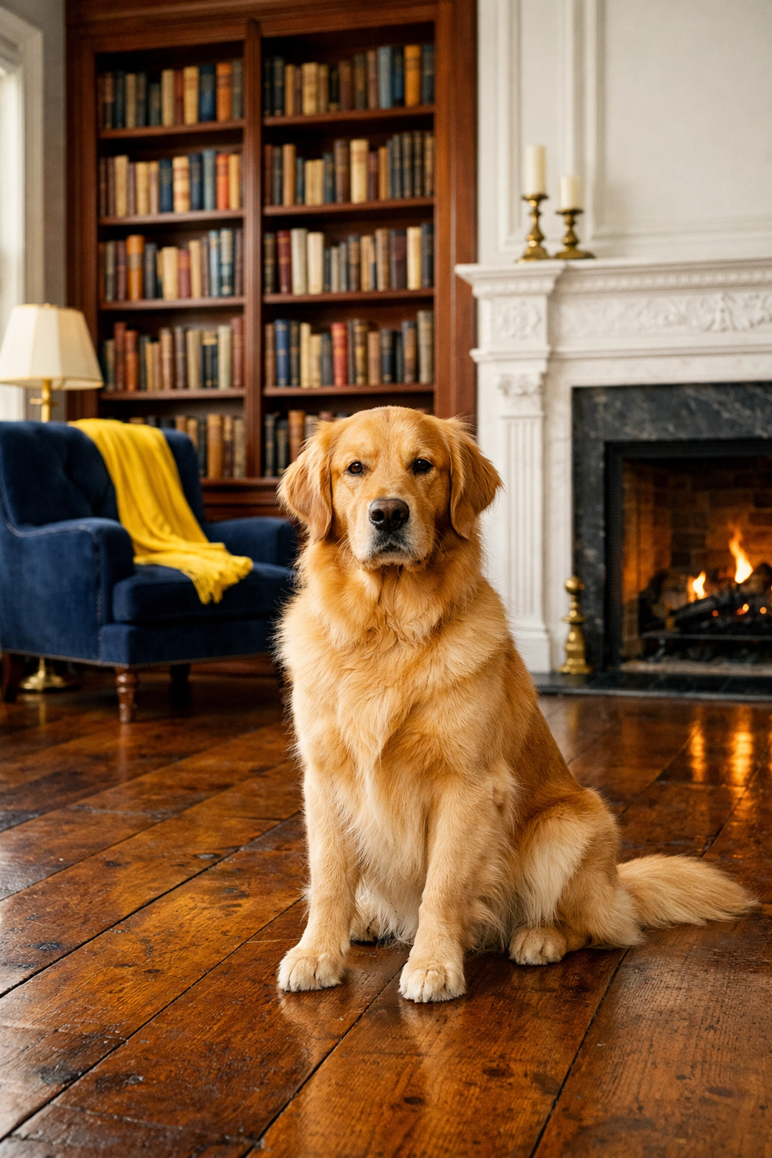 A Golden Retriever in a clean, historic Concord library, showcasing pet-safe residential cleaning.
