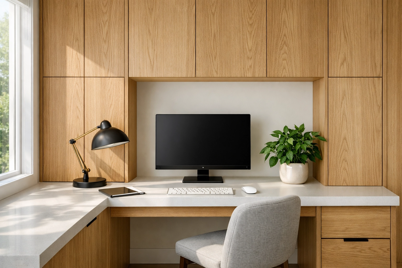 Custom floor-to-ceiling white oak cabinetry and floating desk in a modern home office renovation.
