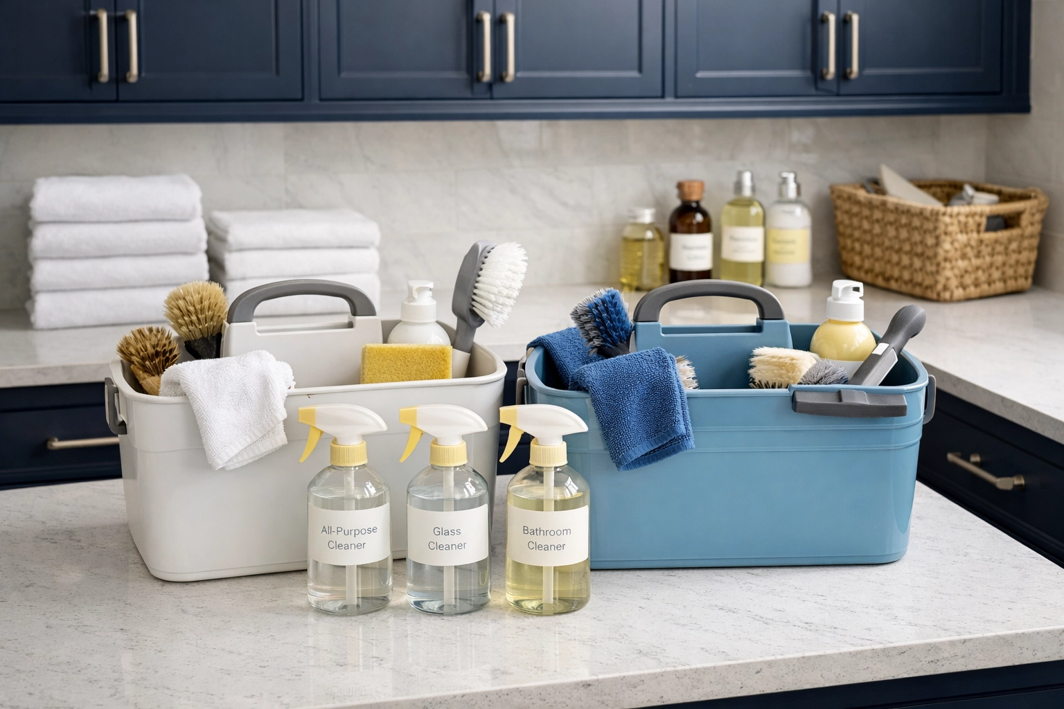 Organized professional cleaning tools and eco-friendly supplies for Wellesley residential services.
