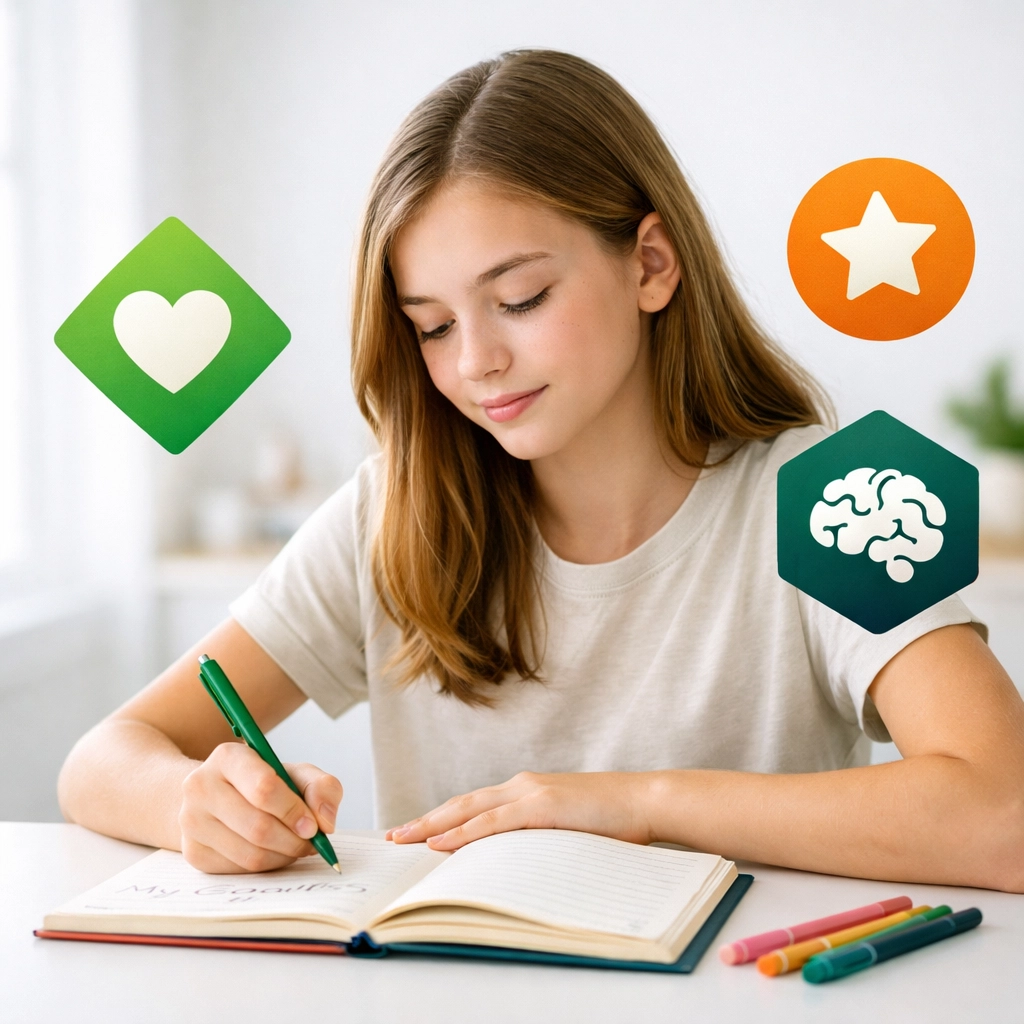 Teen girl writing goals in journal developing emotional intelligence and self-awareness for leadership