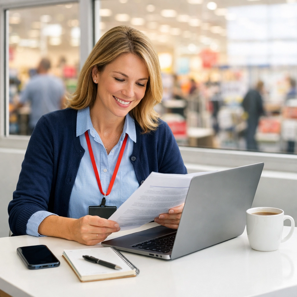 Retail store manager accessing ServiceNow HR services and documentation on laptop