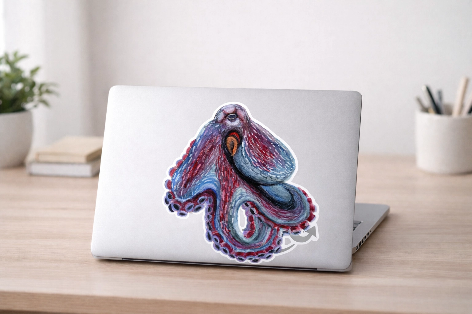 Vibrant Octopus sticker on a laptop (Missy original art, watermark kept)