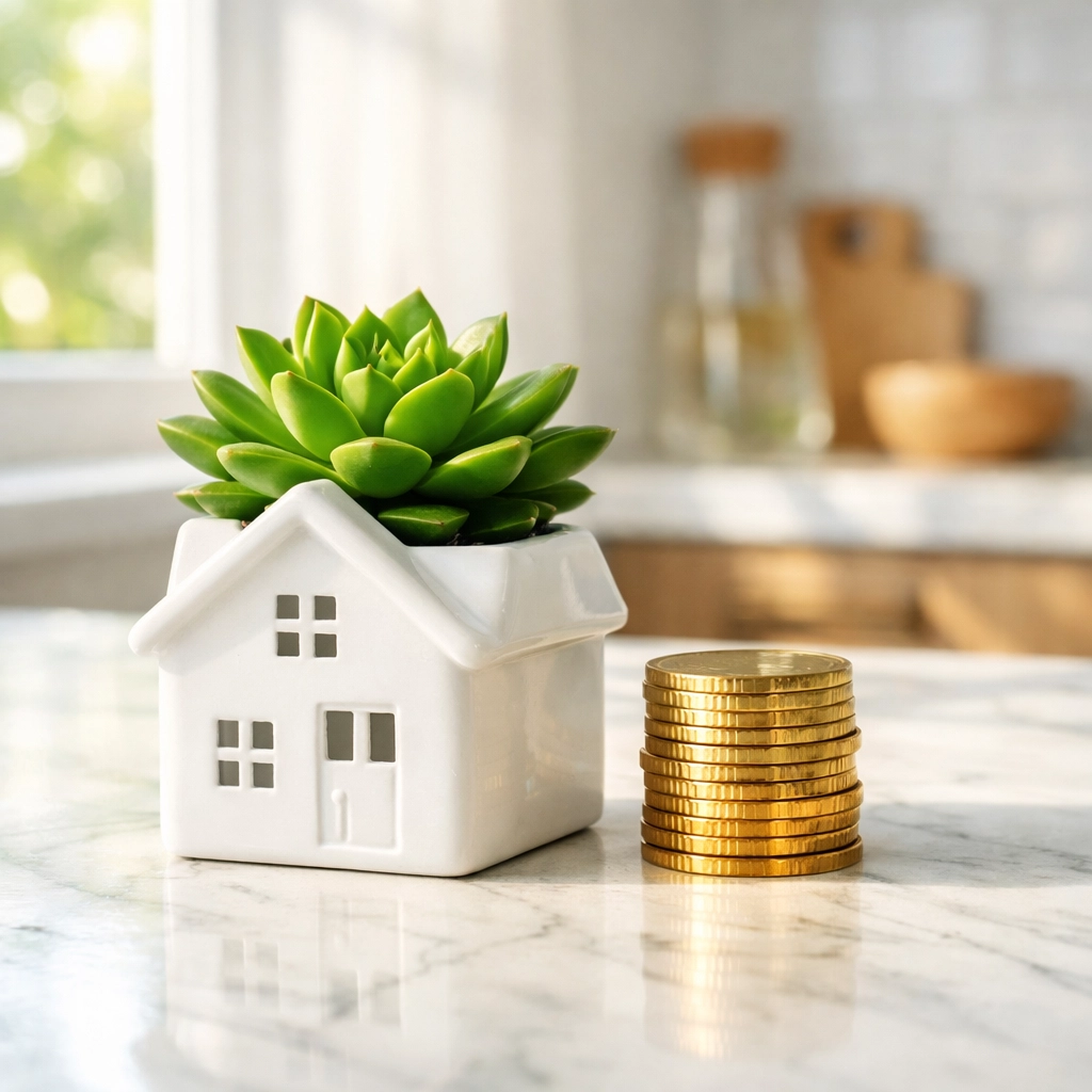 Coins and a house-shaped plant representing rental yield and sustainable property investment.