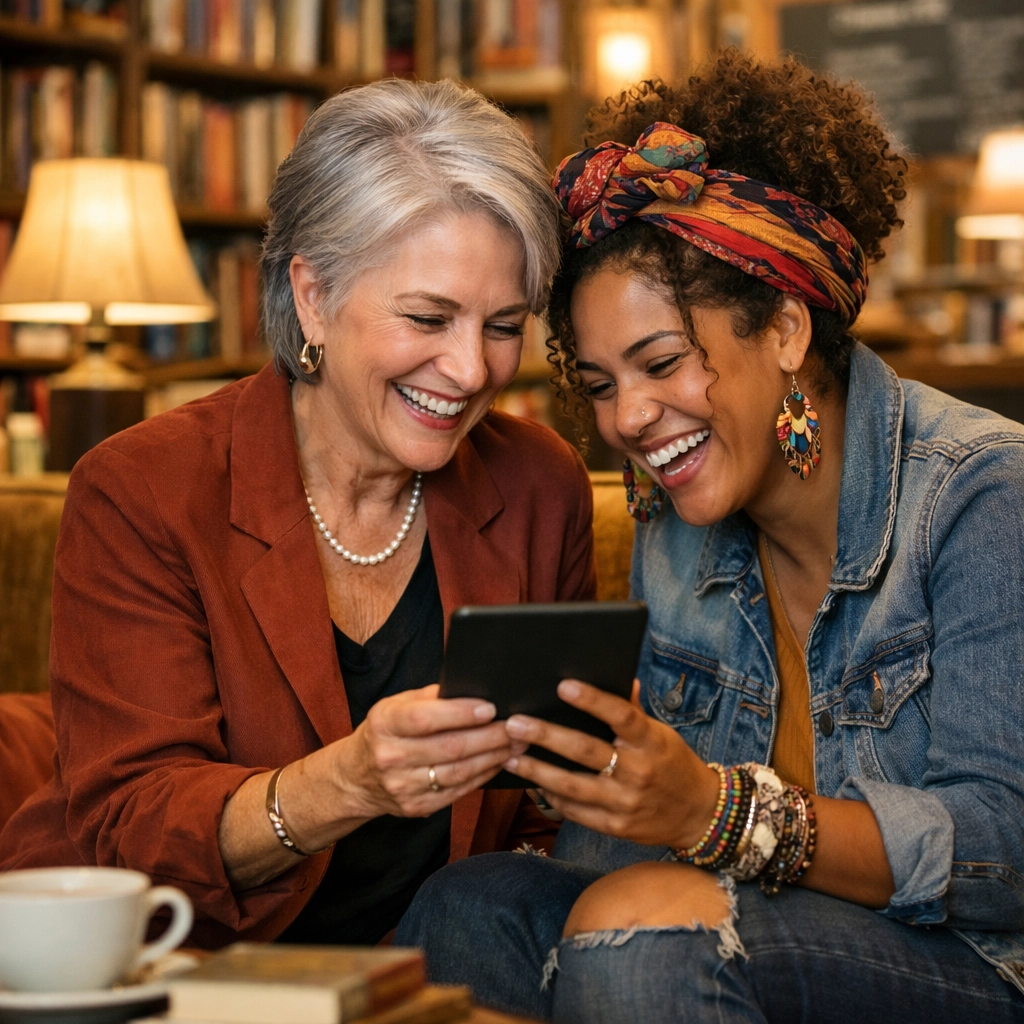 Diverse queer women sharing stories in a bookstore, representing mentorship and community connection.