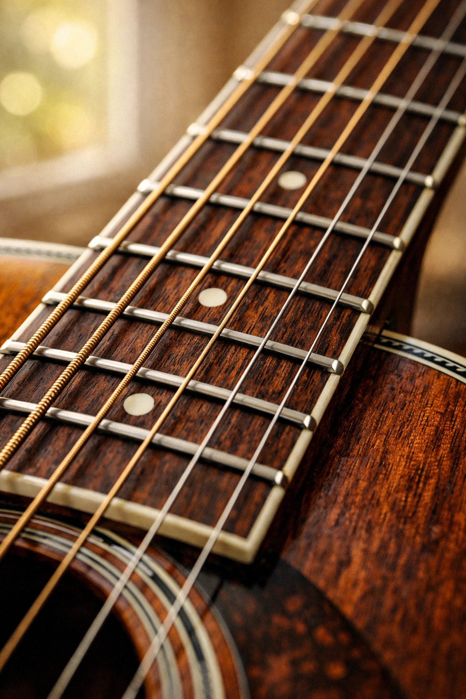 Close-up of a premium acoustic guitar neck and strings for guitar lessons in Tallahassee.