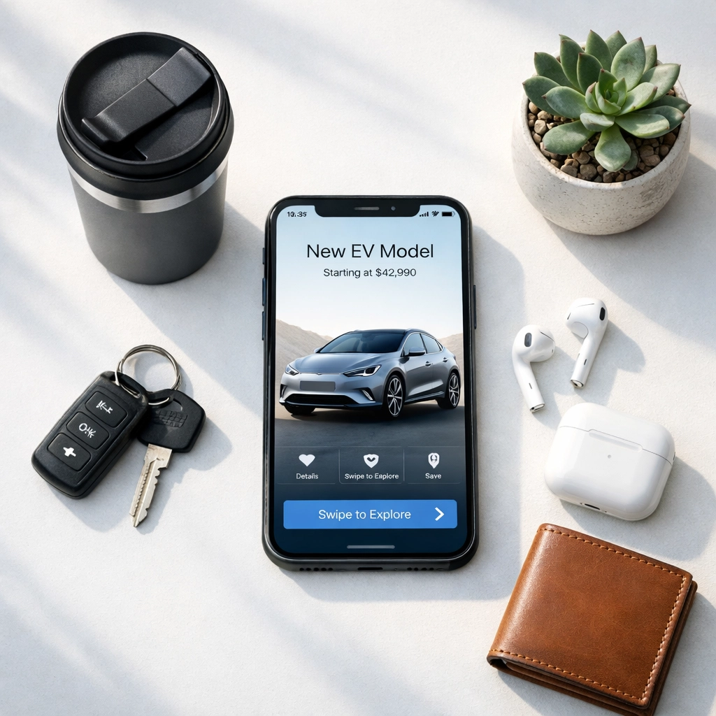 Whips app showing AI-powered car matches surrounded by everyday lifestyle essentials