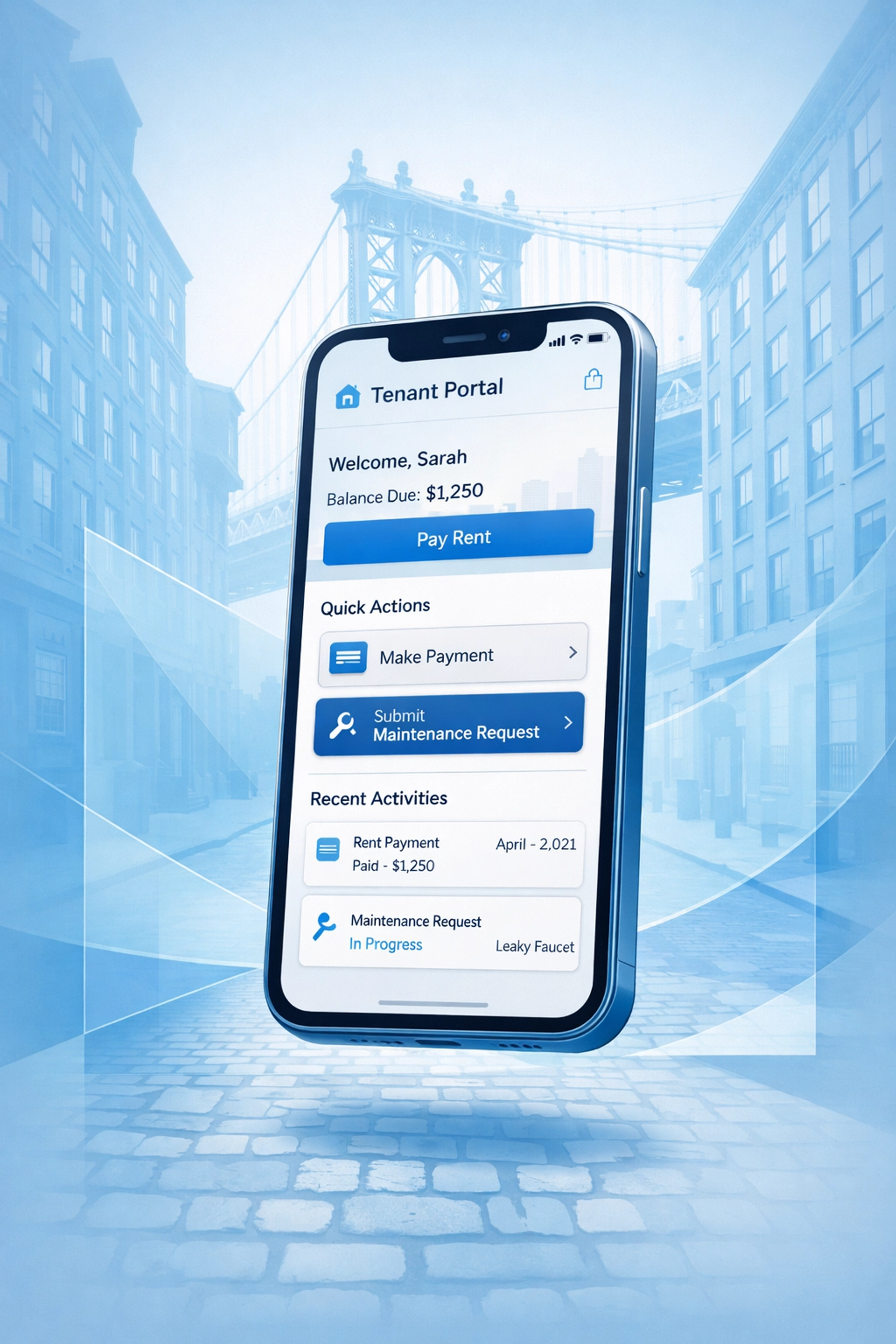 Tenant portal interface displaying rent balance of $1,250, options to pay rent and submit maintenance requests, set against a backdrop of DUMBO's iconic architecture.