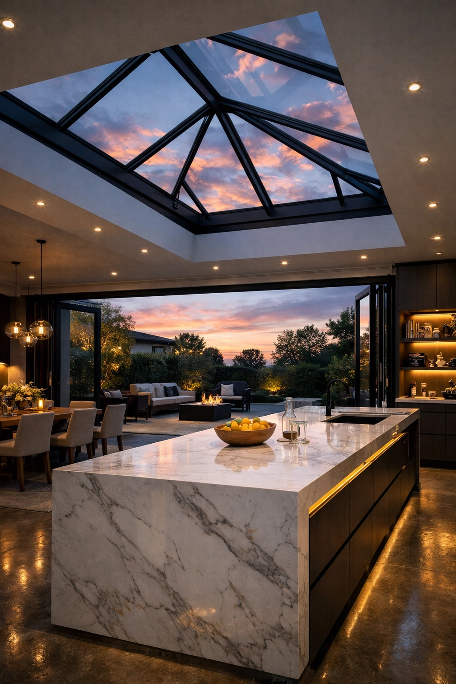 Interior of a premium kitchen and house extension in West Sussex with a roof lantern.