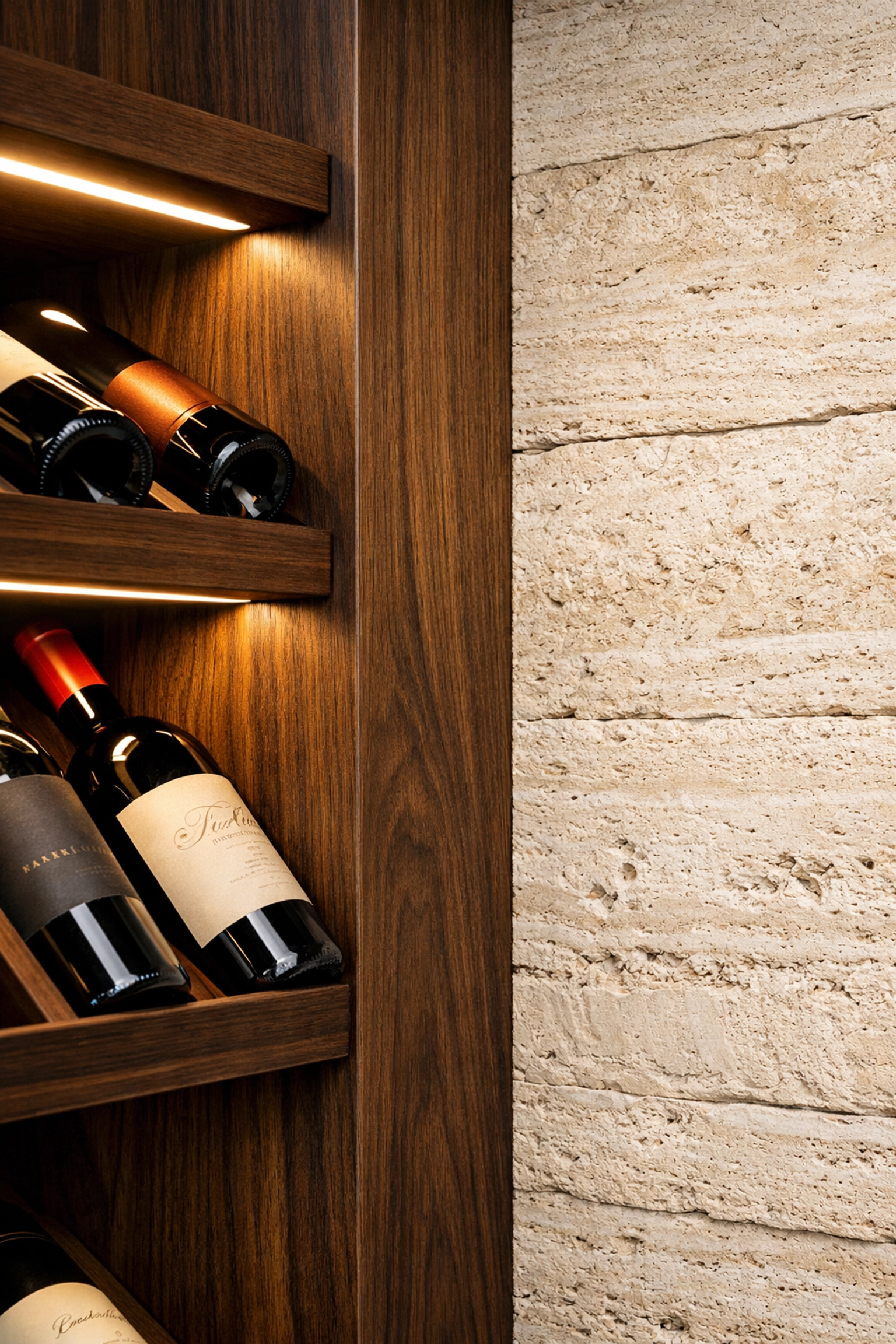 Custom walnut wine racks with a travertine stone backsplash and integrated LED lighting in a luxury wine cellar.